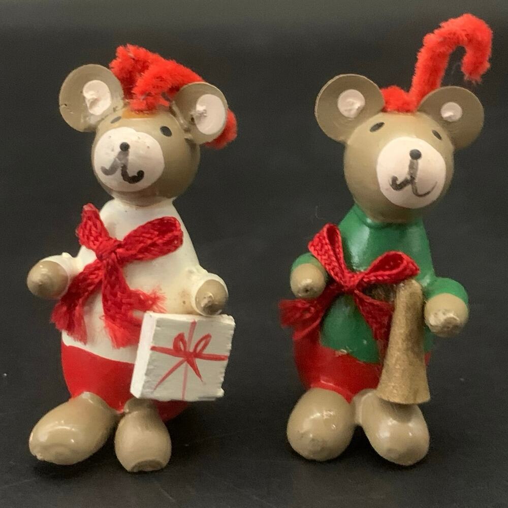 Vintage Wood Teddies Bear Christmas Tree Ornaments Hand Painted Handcrafted